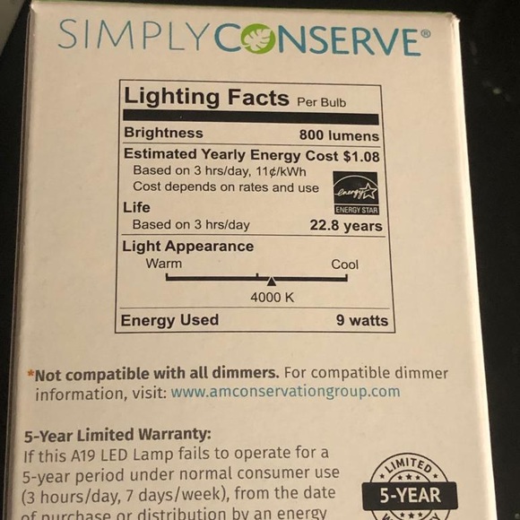 6 Simply Conserve 9W Led 60 watt replacement bulbs - Picture 3 of 5